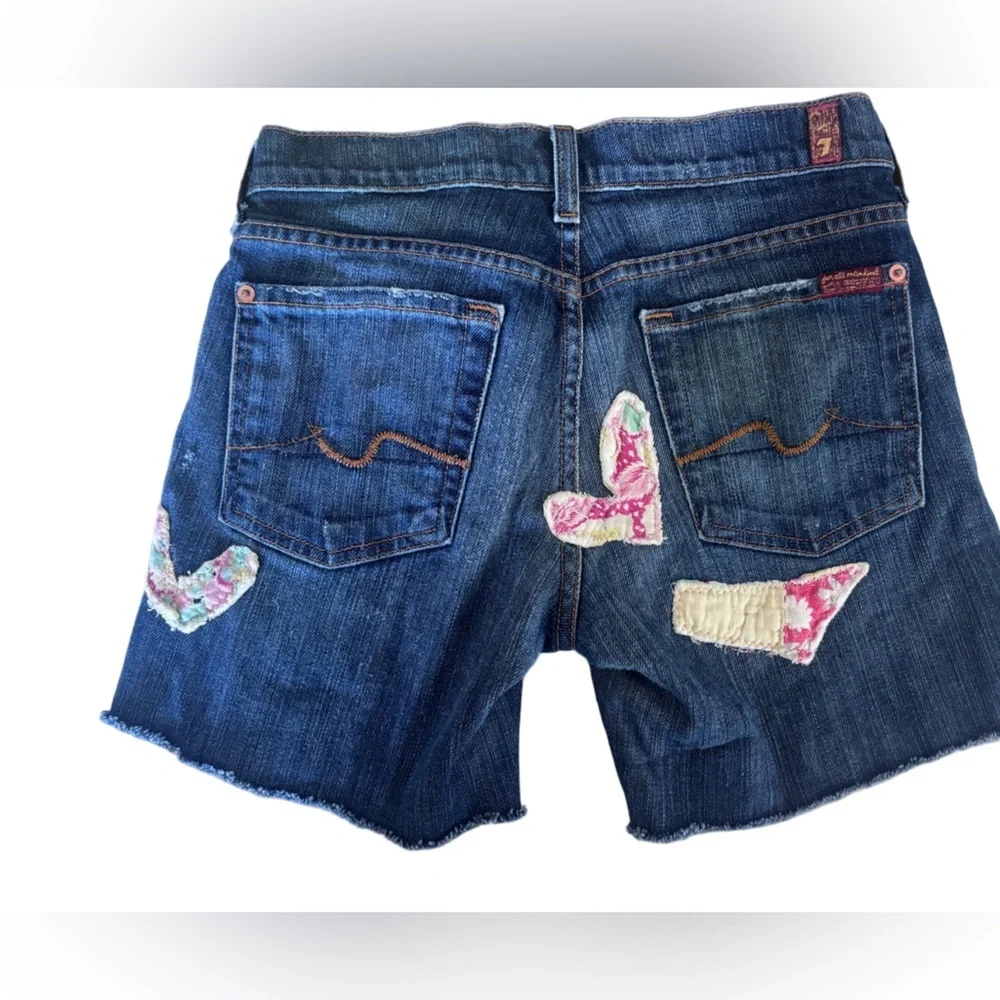 Y2K Boho Grunge Upcycled Patchwork Cut Off Jean Shorts – Medium Wash – 28